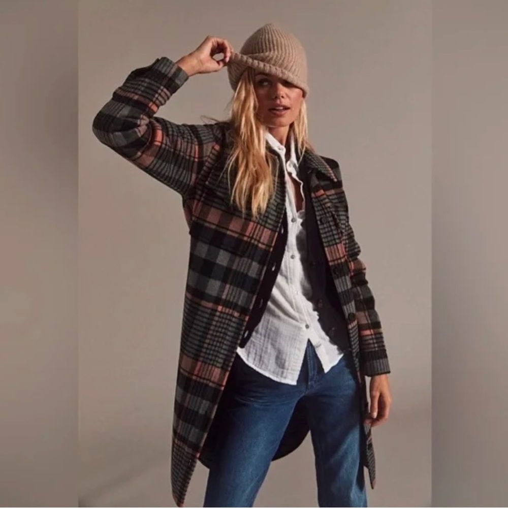 Rails Melina Mid Length Plaid Wool Blend Button Up Jacket with Belt M